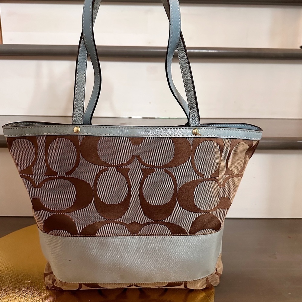 COACH Authentic CC Canvas, Patent Leather and Satin Shine Tan and BlueTote